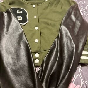 Olive and Black Varsity Jacket with Leather Sleeves